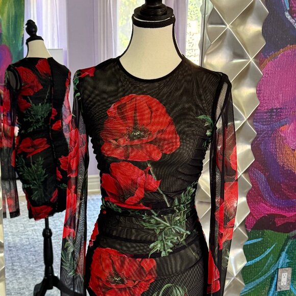 Dolce & Gabbana Poppy Print Ruched Mesh Midi Dress - Picture 1 of 4